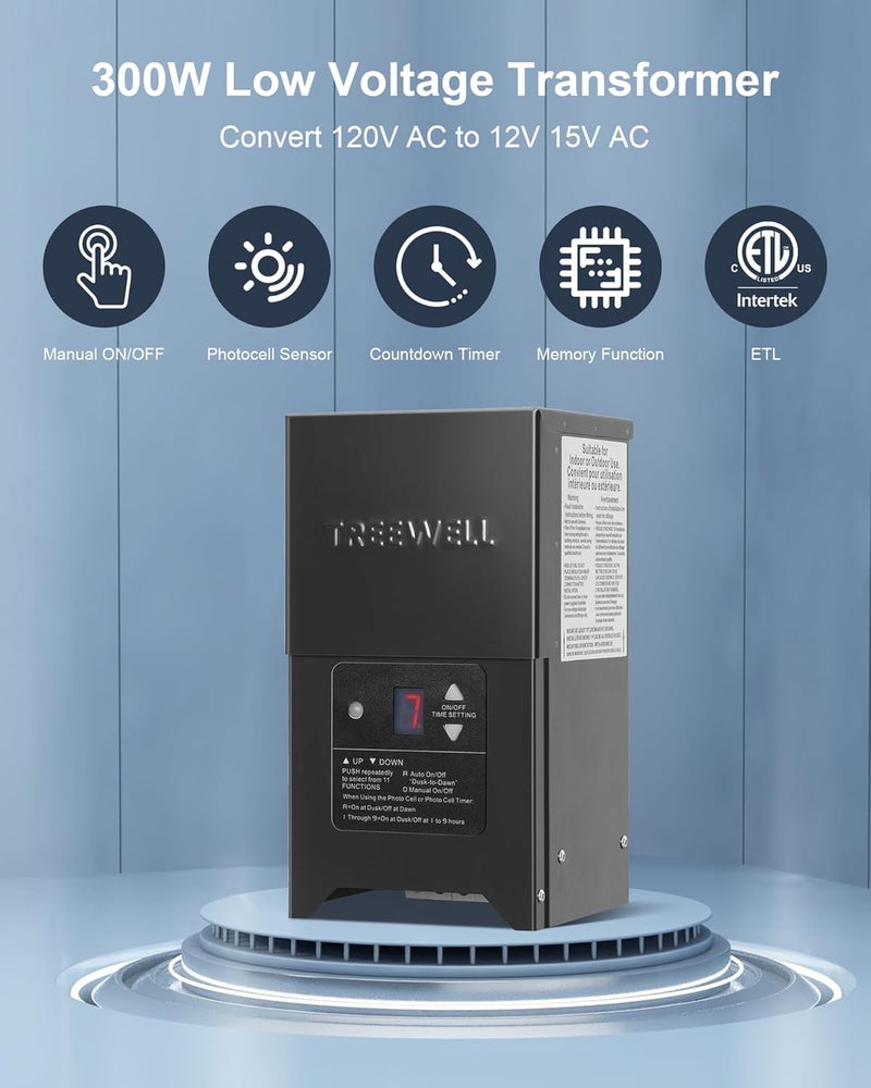 treewell 300W Low Voltage Landscape Transformer, Outdoor Landscape Lighting Transformer with Photocell Sensor & Timer, 120V AC to 12V/15V AC, Stainless Steel Waterproof Transformer, Black, ETL Listed - Image 2